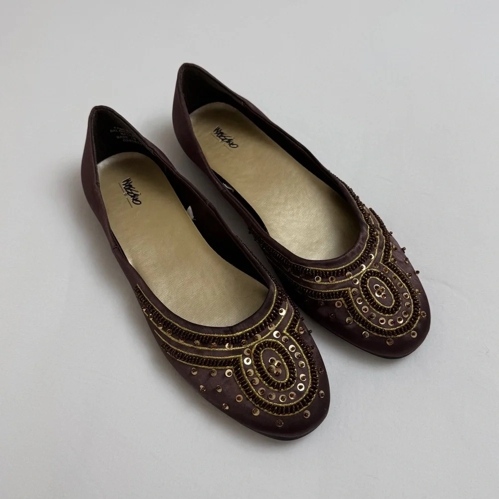 Vintage Y2K 90s Brown Embellished Sequined Slip On Flats Size 7.5 Whimsy Boho